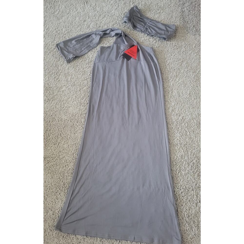 NWT EGO Gray Slinky Long Party Dress One Sleeve With Bralette